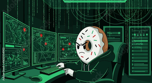 Donut Hacker In A Dark Room With Monitors And Binary Rain