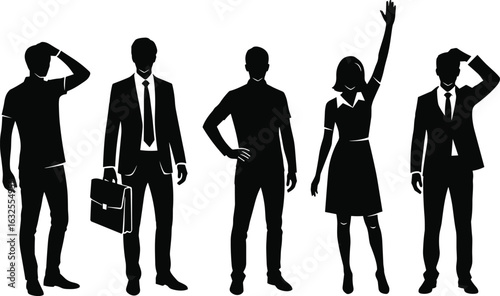 PrintSilhouette of business professionals, corporate teamwork, confident poses, office attire, leadership concept, professional group, diversity in workplace, modern career.