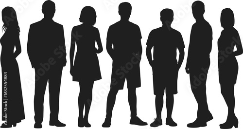 Silhouettes of seven people, diverse body shapes, formal and casual clothing, fashion styles, identity concept, inclusion, vector illustration, flat design, posture variety