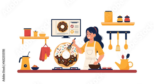 Woman Baking Donuts Online With Sprinkles At Home In The Kitchen