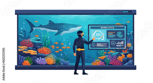Virtual Marine Biologist Observing Underwater Ecosystem and Data