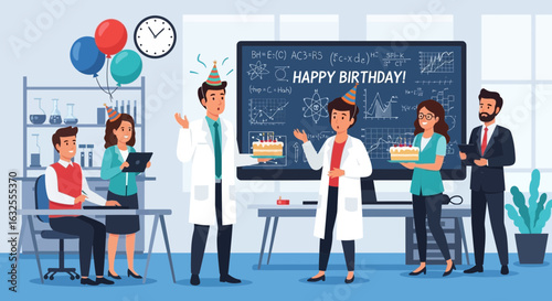 Scientists Celebrating Birthday In Laboratory With Formulas And Equations