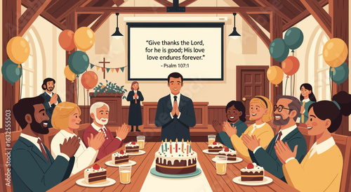 Joyful Birthday Celebration Gathering In A Church With Cake And Balloons
