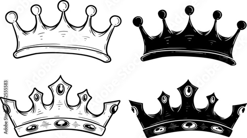 Hand Drawn Crown Vector Set. Vintage Royal Crown in Line Art and Silhouette Style, Elegant and Ornate Illustrations for Heraldic, Tattoo, or Luxury Graphic Design Projects.