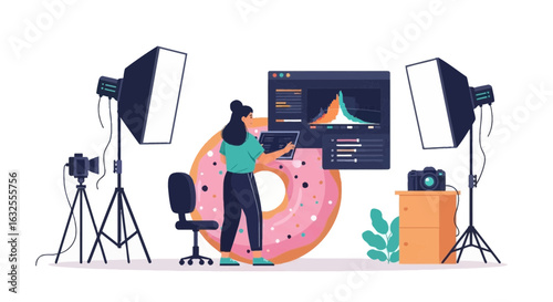 Content Creator Editing Donut Photo In Digital Media Studio