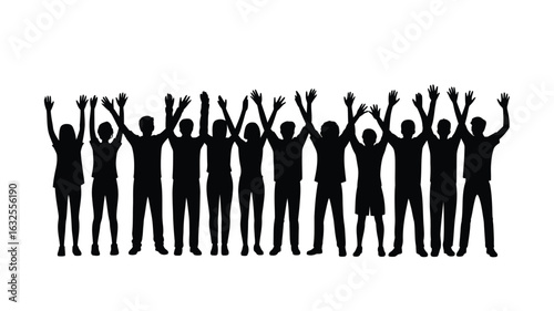Diverse group of people raising their hands in celebration