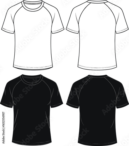 T-shirt front back view, white and black color, short sleeve round neck design, fashion apparel sketch, cad drawing flat vector illustration