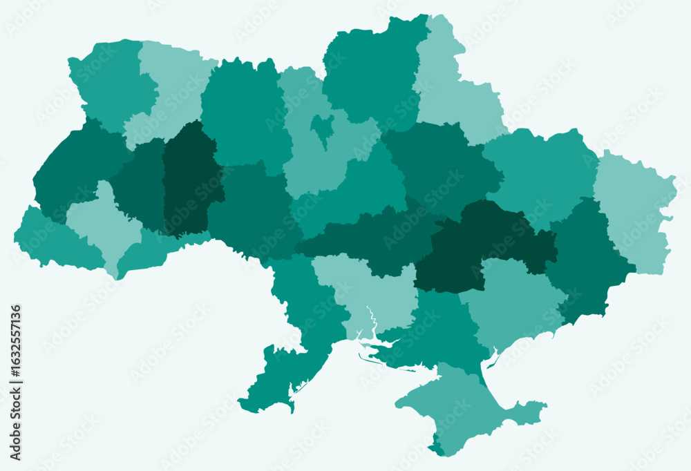 Fototapeta premium Map of Ukraine with regions. Just a simple country border map with region division. Teal color palette. Flat Ukraine shape with administrative division. Vector illustration.