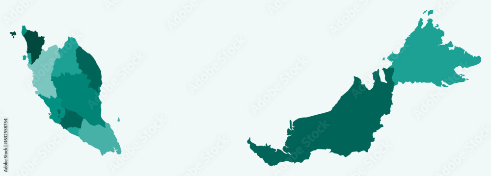 Naklejka premium Map of Malaysia with regions. Just a simple country border map with region division. Teal color palette. Plain Malaysia shape with administrative division. Vector illustration.