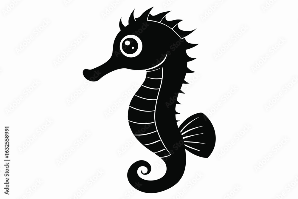 Fototapeta premium Cartoon Seahorse Silhouette with Spikes and Fin Isolated on White Background