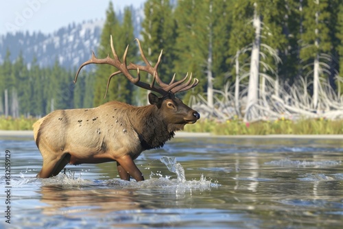 Wallpaper Mural Elk wades through clear water in a serene forest setting during early morning light Torontodigital.ca