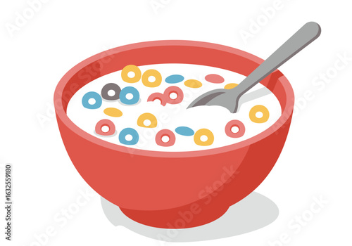 Colorful Cereal in Red Bowl with Milk and Spoon.