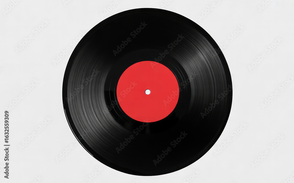 Fototapeta premium Black Vinyl Record with Red Label on White Background Keywords: vinyl record, music, audio