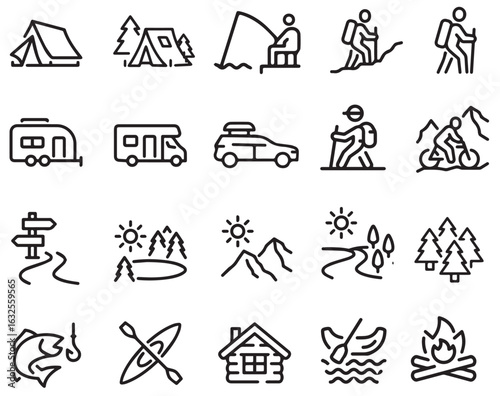 Minimal Outdoor and Camping Line Icons Set