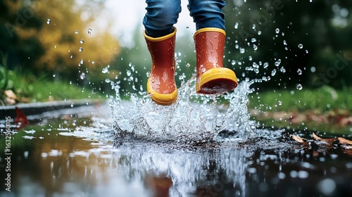 Child with rain boots jumping in puddle splashing water