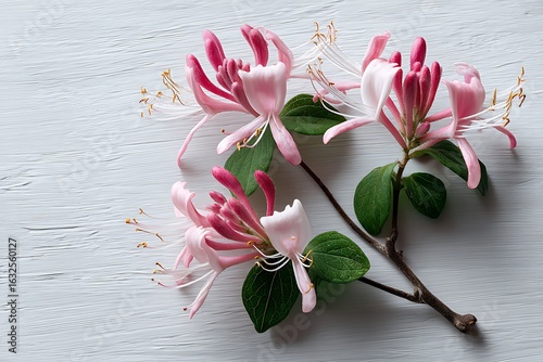 Delicate pink honeysuckle blossoms arranged on a white wooden background, perfect for springtime.
