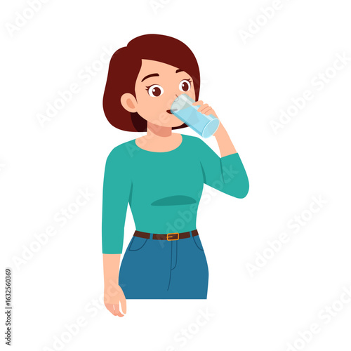 Woman Drinking Water from Glass, Hydration, Health, and Wellness Concept. Cartoon Illustration