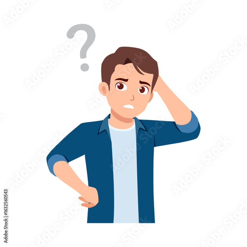 Young man in blue shirt scratching head and looking up with question mark above head