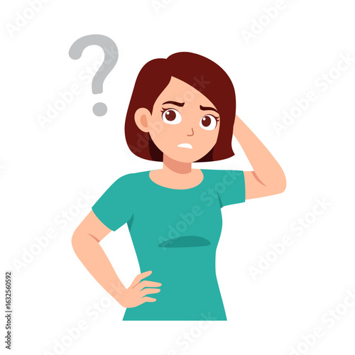 Confused Woman Scratching Head with Question Mark, with a Worried Expression, in Casual Clothing