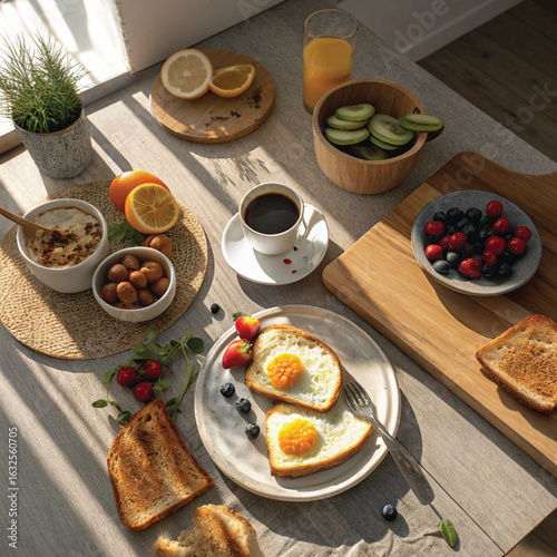 Healthy & Delicious Breakfast Spread with Eggs, Berries & Coffee