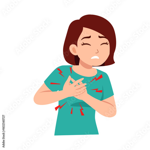 Young Asian Woman Experiencing Chest Pain, Clutching Her Chest with a Worried Expression