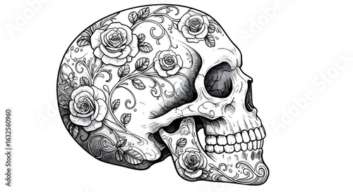 Intricate skull adorned with roses and vines, a stunning monochrome design for Day of the Dead celebrations and edgy gothic themes, perfect for tattoo art and more