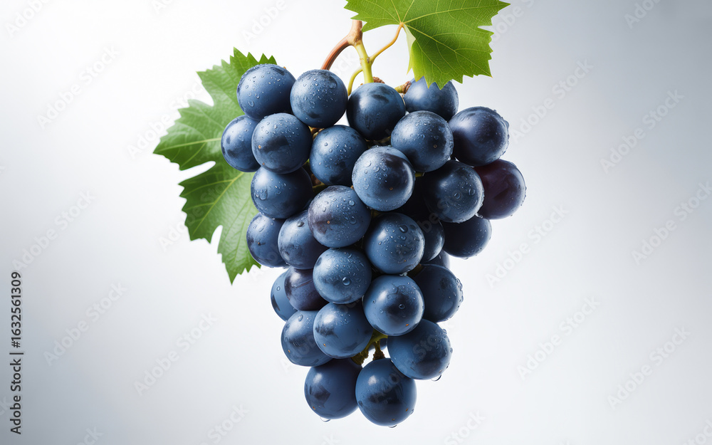 Fototapeta premium Bunch of dark blue grapes with water droplets and leaves
