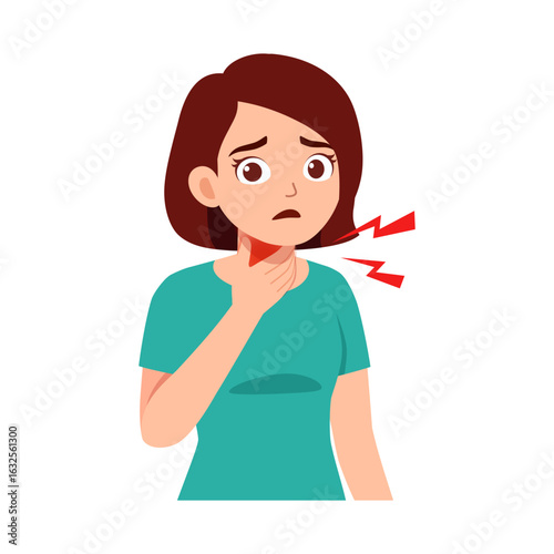Worried Caucasian Woman Holding Her Sore Throat with Discomfort Expression in Cartoon Style