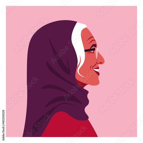 Portrait of a happy elderly Arab woman. Profile of a muslim grandmother in a headscarf. Middle Eastern. Side view. Vector flat illustration