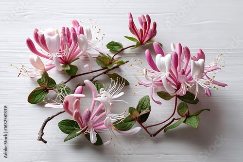 Delicate pink honeysuckle blossoms arranged on a white wooden background, perfect for springtime.