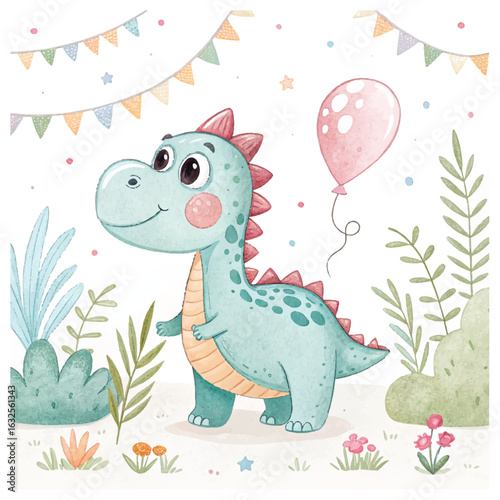 Watercolor Dino Baby Shower Background | Cute Cartoon Dinosaurs & Rex | Hand-Painted Pre-Made Poster for Kids Birthday & Party Decor