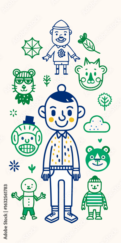 Fototapeta premium Illustration of a boy with animal characters and nature elements vector art design cute and whimsical style vector illustration