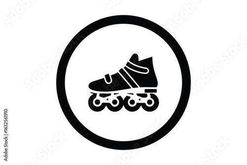 Inline Roller Skate Silhouette in Black Circle on a White Background