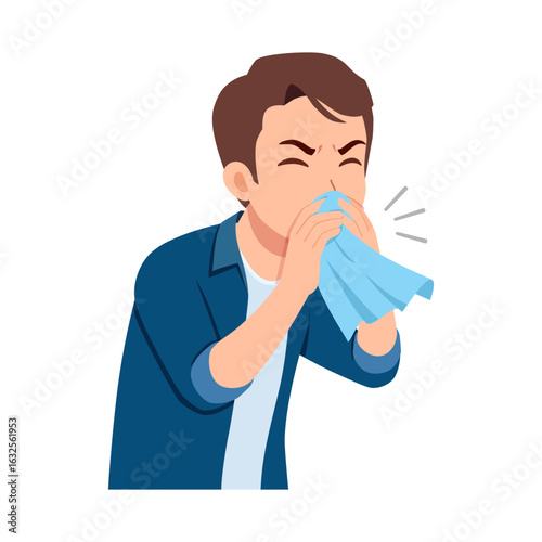 Sick man covering his nose and mouth with a tissue paper, health concept