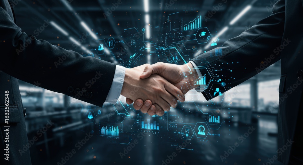 Business people shaking hands in agreement, symbolizing partnership and successful collaboration in a modern setting