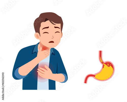 A man experiencing heartburn or acid reflux, with throat and chest pain shown with stomach graphic