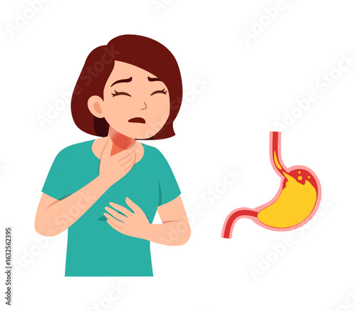 Woman with Acid Reflux Holding Throat with Discomfort Next to Stomach Illustration