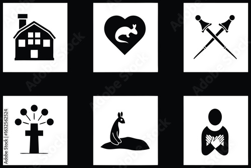 House heart kangaroo fencing tree person set of silhouettes