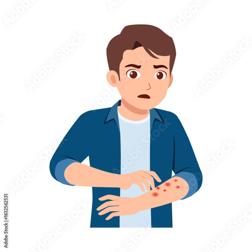 Asian man looking worried scratching his arm with red rash from allergies or other skin condition