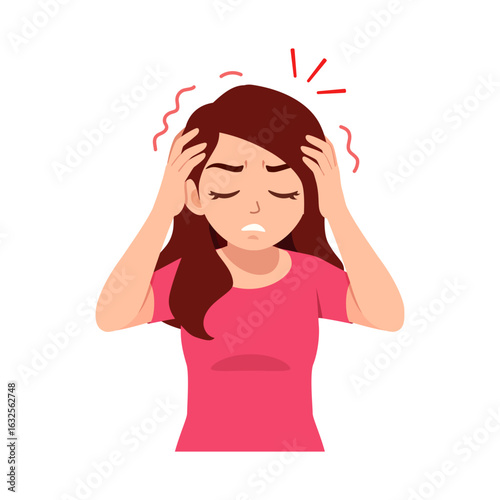 Woman feeling unwell suffering from headache holding her head with hand having pain and frustration