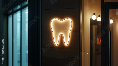 Neon tooth sign illuminating dental clinic entrance at night  