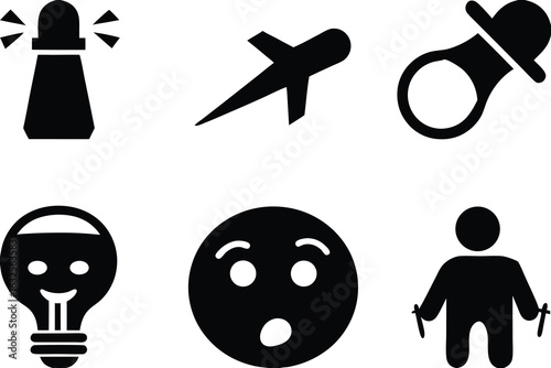 Lighthouse airplane pacifier lightbulb surprised face person jumping rope set of silhouettes