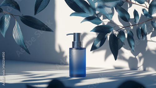 A blue cosmetic bottle with a pump top is nestled amidst leaf shadows. The professional product shot 