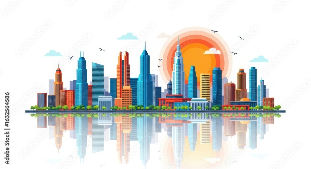 Fototapeta premium Modern Cityscape with Tall Buildings and Water Reflection