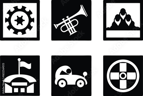 Industrial gear trumpet people stadium car wheel symbols set of silhouettes