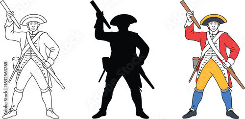 Patriotic soldier stands ready with musket, historical reenactment