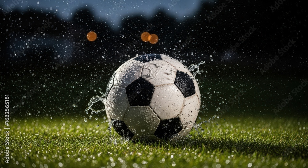 Fototapeta premium Soccer ball in the rain on a wet grass field with water splashing around it