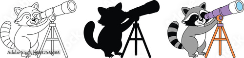 Curious raccoon with telescope exploring the stars at night