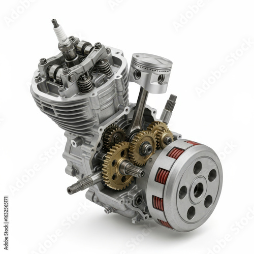 Detailed motorcycle engine internal combustion isolated on white background