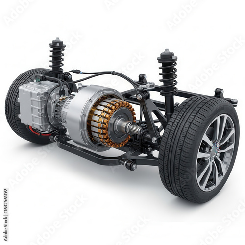 Electric vehicle chassis with powertrain and wheels isolated on white background